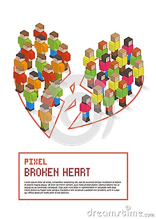 Broken heart made up of isometric pixel art people Vector Illustration