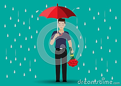 Broken heart man holding red roses and umbrella in heavy rain. Vector Illustration