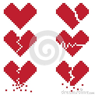 A broken heart is a set of six pixel icons with broken hearts Vector Illustration