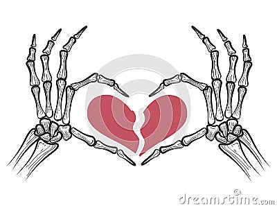 Broken heart in skeleton hands Vector Illustration