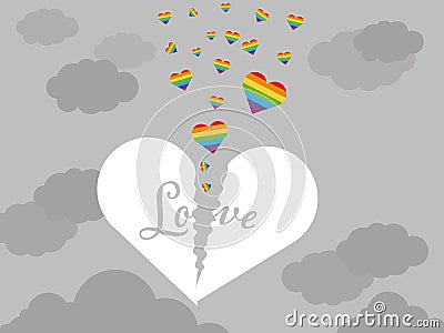 Broken heart with small rainbow hearts on a gray background. Vector Illustration