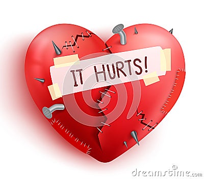 Broken heart wounded in red color with stitches and patches Vector Illustration