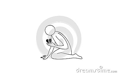 Broken hearted illustration cartoon, stickman character on white background Cartoon Illustration