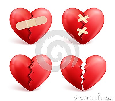 Broken hearts vector set of 3d realistic icons and symbols Vector Illustration