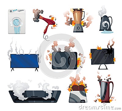 Broken home appliances. Damaged electrical household equipment. Domestic icons isolated on white. Burning electronics Vector Illustration