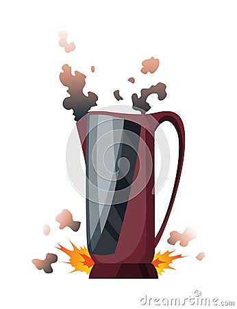 Broken home appliances. Damaged kettle. Domestic icon isolated on white. Burning electronics. Homeappliances or burnt Vector Illustration