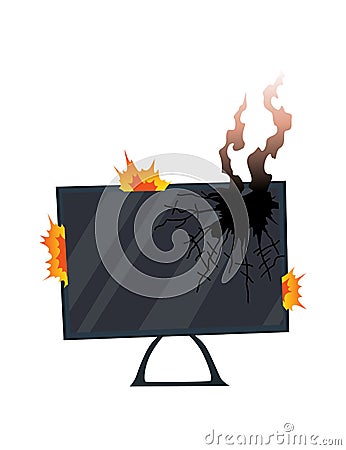 Broken home appliances. Damaged monitor. Domestic icon isolated on white. Burning electronics. Homeappliances or burnt Vector Illustration