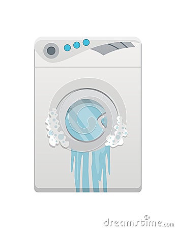 Broken home appliances. Damaged washing machine. Domestic icons isolated on white. Burning electronics. Homeappliances Vector Illustration