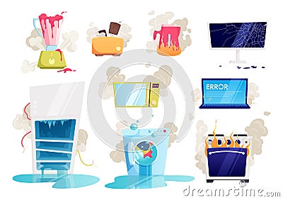 Broken Household Appliances Gadgets Flat Icon Set Vector Illustration