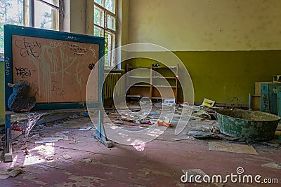 Broken interior of kindergarten in Chernobyl exclusion zone in the Ukraine Editorial Stock Photo