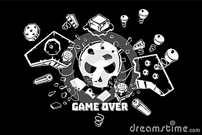 Broken joystick. Gamepad parts. Video game poster. Game over t shirt print. Vector graphic illustration. Vector Illustration