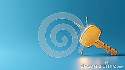 Broken key on blue background, visual metaphor for security breach, access denial, and problem solving Stock Photo