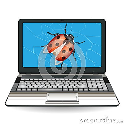 Broken laptop computer destroy by a bug Vector Illustration