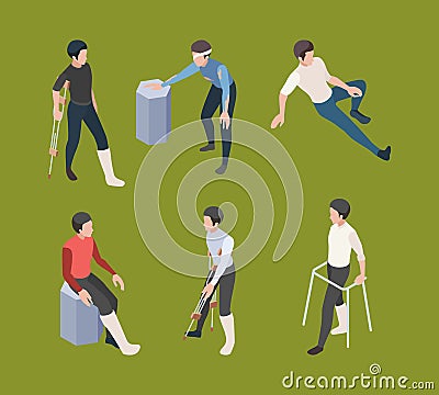 Broken legs. Crutches adult person medical orthopedics rehabilitation vector isometric human Vector Illustration