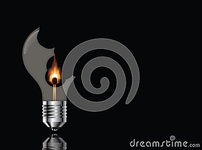 Broken light bulb with a burning match Vector Illustration
