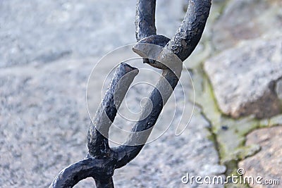 The broken link of an old rusty chain Stock Photo