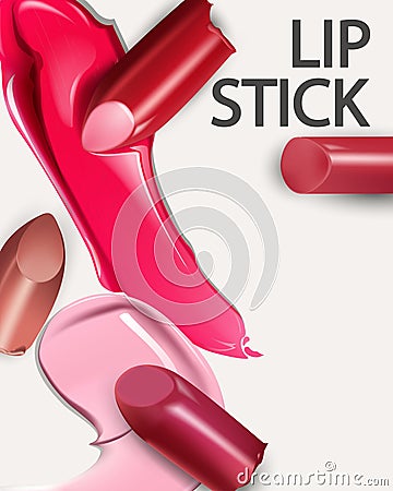 Broken lipsticks closeup and smears lipstick on white background. Cosmetics commercial, beautiful style. Exquisite smear Vector Illustration