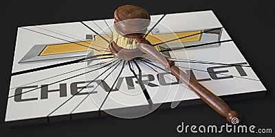 Broken logo of CHEVROLET and judge's gavel. Editorial conceptual 3d rendering Editorial Stock Photo