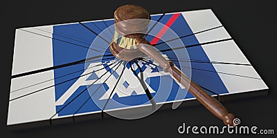 Judge's gavel and broken logo of AXA. Editorial conceptual 3d rendering Editorial Stock Photo