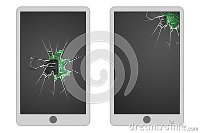 Broken mobile phone glass hole cracks electronic garbage realistic design icon vector illustration Vector Illustration
