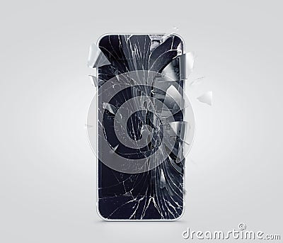 Broken mobile phone screen, scattered shards. Smartphone display crashed and scratched. Stock Photo