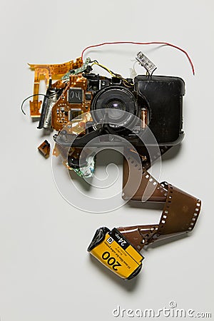 Broken obsolete film camera Stock Photo