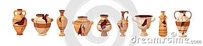 Broken old pottery set. Damaged cracked ancient greek vases, jars, pots, jugs, pitchers, clay vessels with splits Vector Illustration