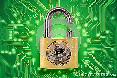 Broken padlock with bitcoin logo Stock Photo