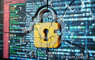 Broken padlock symbolizing data breach on computer screen Stock Photo