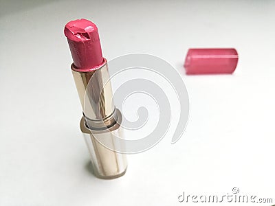 broken part of red lipstick Stock Photo