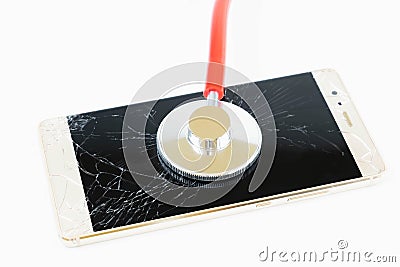 Broken phones and red medical stethoscope isolated on white background Stock Photo