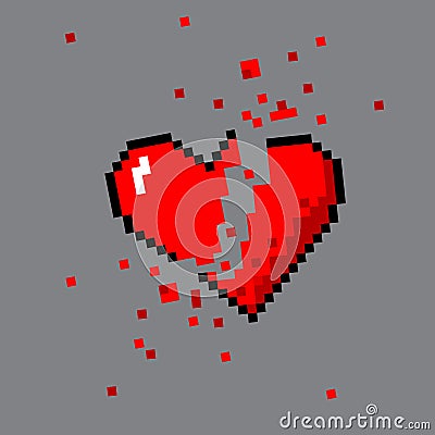 Broken pixel art heart for game Vector Illustration