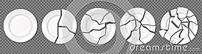 Broken plates, shattered food plate, cracked porcelain dishes. Realistic empty white dish broke into pieces, ceramic shards vector Vector Illustration