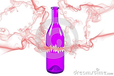 Broken purple bottle with smoke isolated on white background Stock Photo