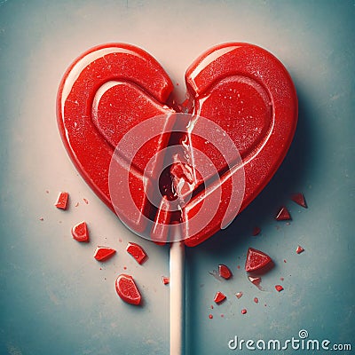 Broken Red Lollipop Heart, Conveying the Concept of Unrequited Love or Divorce. Generative ai for illustrations Cartoon Illustration