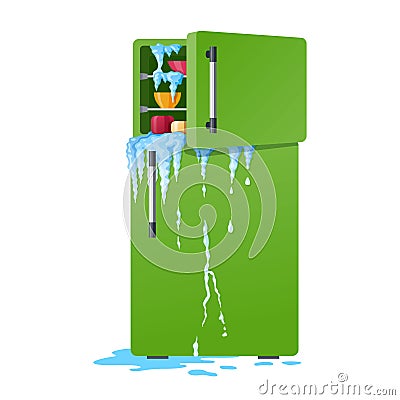 Broken refrigerator illustration, damaged fridge with leakage Vector Illustration