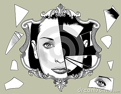 Broken retro mirror with a woman face reflection Vector Illustration