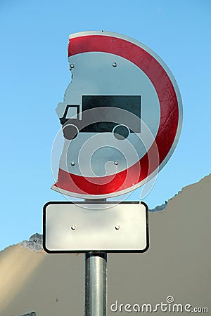 Broken road sign in Budapest Stock Photo