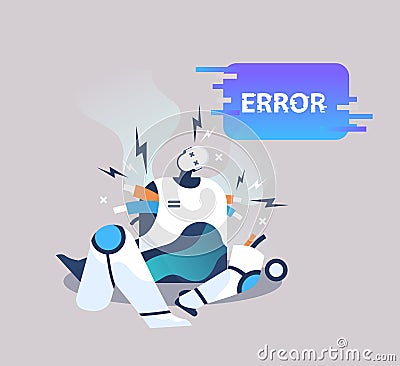 broken robot showing error artificial intelligence failures overloaded concept full length Vector Illustration