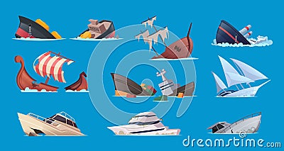 Broken sailor boats. Crash accident in sea damaged ships and brigantines exact vector cartoon collection Vector Illustration