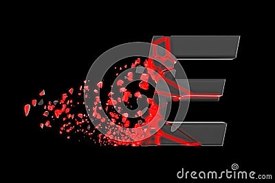 Broken shattered fast sporty alphabet letter E uppercase. Crushed speedy racing font. 3D render isolated on black background. Stock Photo