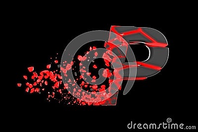 Broken shattered fast sporty alphabet letter P uppercase. Crushed speedy racing font. 3D render isolated on black background. Stock Photo