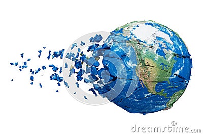 Broken shattered planet earth globe isolated on white background. Blue and green realistic world with particles and debris. Cartoon Illustration