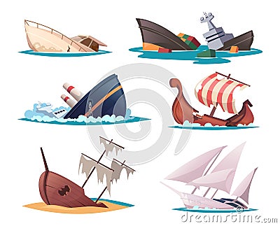 Broken ship. Damaged sailor boats swim accident crash brigantine exact vector cartoon ship illustrations Vector Illustration