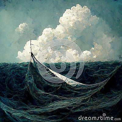 Broken ship floating on ocean oil painting Cartoon Illustration