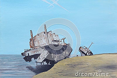 Broken Ship on the Seashore. Oil Painting Stock Photo
