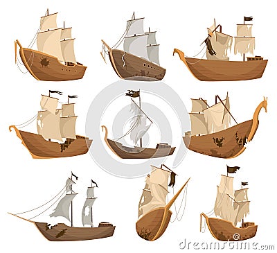 Broken ships icons set. Cartoon wooden battered ships with tattered flag and sails after wreck or attack. Destroyed Vector Illustration