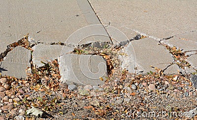 Broken sidewalk concrete in autumn Stock Photo