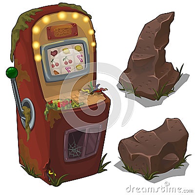 Broken slot machine and stones. Vector isolated Vector Illustration