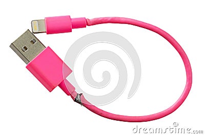 Broken smart phone charger pink USB cable isolated on white back Stock Photo